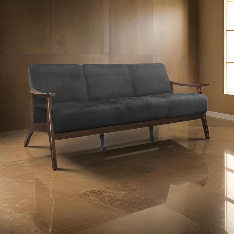 Rica 73 Inch Sofa, Soft Dark Gray Velvet, Walnut Brown Solid Rubberwood