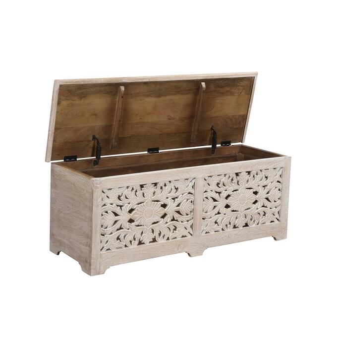 HomeRoots 52" White Distressed Solid Wood Carved Floral Storage Ottoman