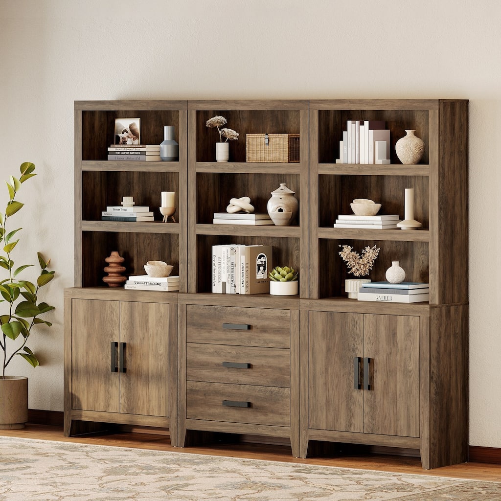 WAMPAT 74" 3-Piece Tall Bookshelf, Farmhouse Bookcase with Doors & Drawers for Living Room & Office