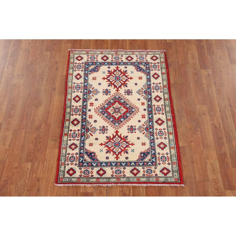 Beige / Ivory Geometric Kazak Accent Rug Hand-Knotted Wool Carpet - 2'9" x 3'10"