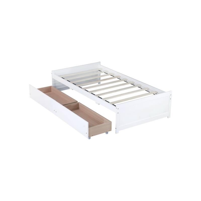 Twin Size Storage Bed with 2 Drawers Solid Rubber Wood Platform Bed, No Headboard