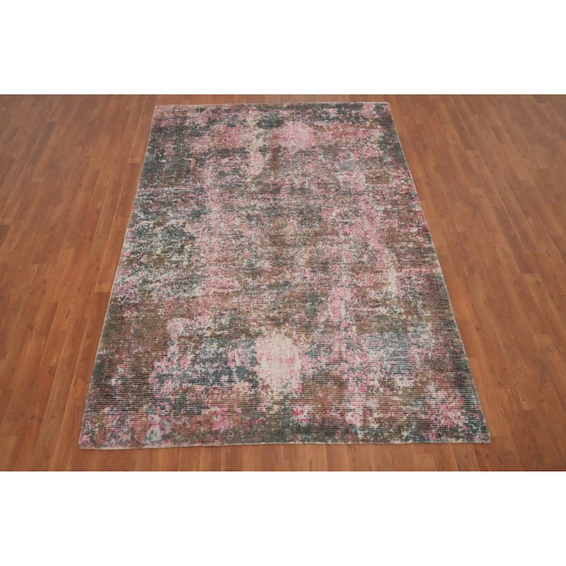 Hand Knotted Oriental Viscose Silk Carpet Modern Abstract Pink Abstract Area Rug - 7' 10'' X 5' 5''