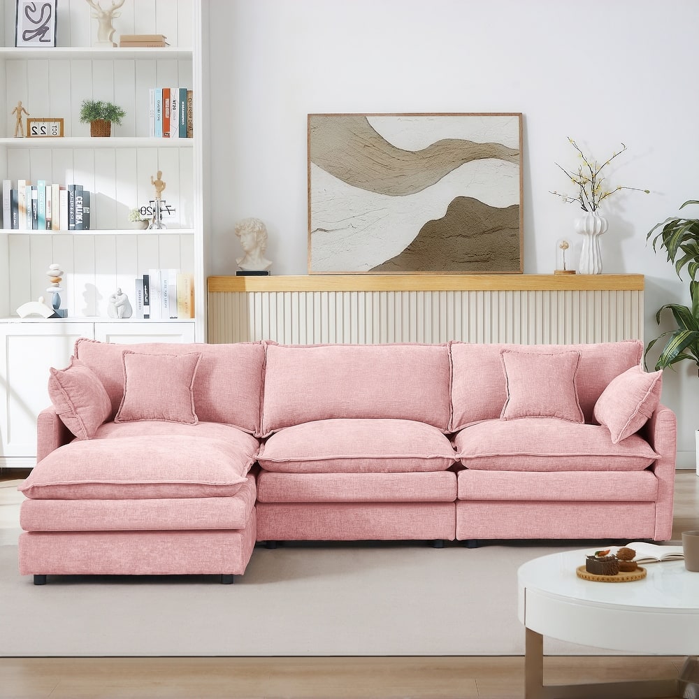Chenille Chaise Sectional Sofa with Ottoman and 3-layers Cushions