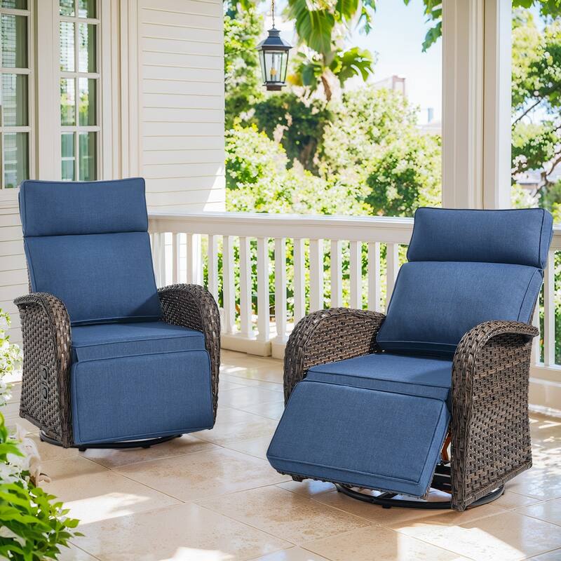 Pocassy Swivel Reclining Chair Lounge Chair with Adjustable Backrest - Blue Cushion - Browm Wicker - 2-Piece Recliner Swivel Chair