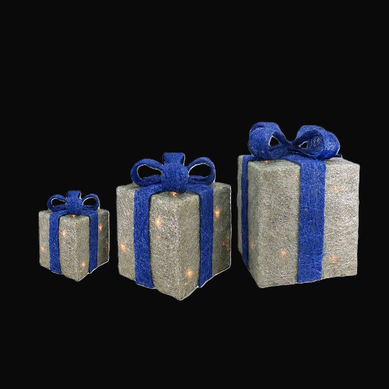 Set of 3 Silver Blue Lighted Gift Boxes Outdoor Christmas Yard Decor