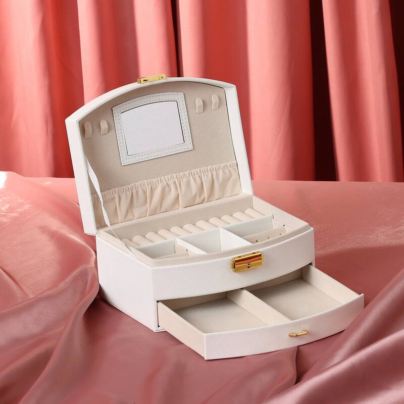 2 Layer Jewelry Box with Mirror, PU Leather Jewelry Organizer Case Storage Display Holder with Drawer, Removable Jewelry Tray