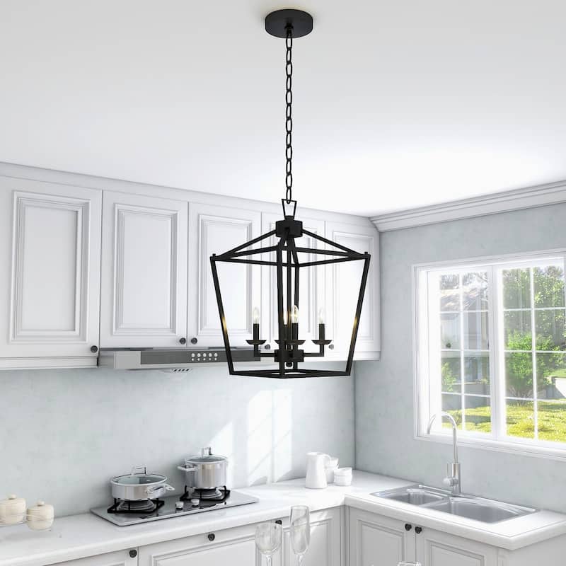 4 Light Matte Black Lantern Pendant - 12"x12"x18"