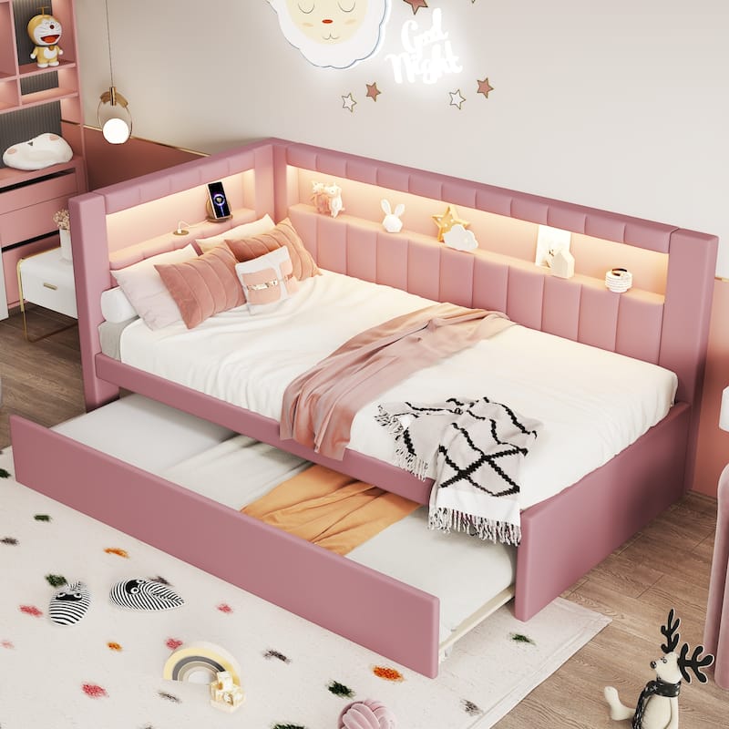 L-shape Daybed Built-in LED Belt and USB Ports, Corner Sofa Bed