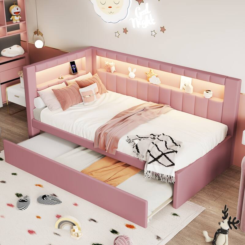 Platform Bed Linen Upholstered Daybed with L-shaped Headboard USB Ports and Light for Night's Sleep, Choose 2 Drawer or Trundle