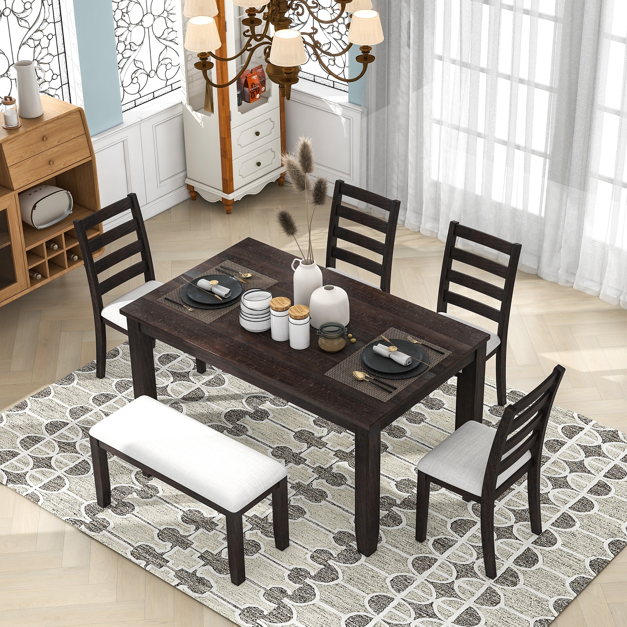6 Piece Dining Table Set Rustic Dining Room Table Set with 4 Upholstered Chairs and Bench