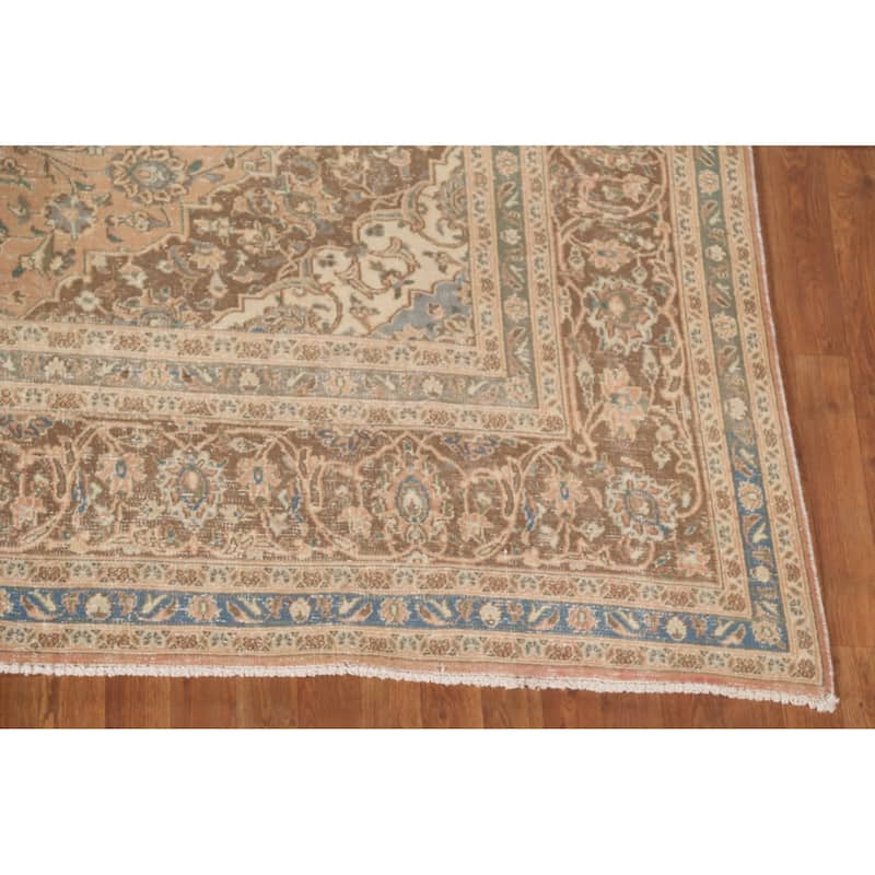 Traditional Peach Mashad Persian Vintage Rug Hand-Knotted Wool Carpet - 7'11"x 10'7"