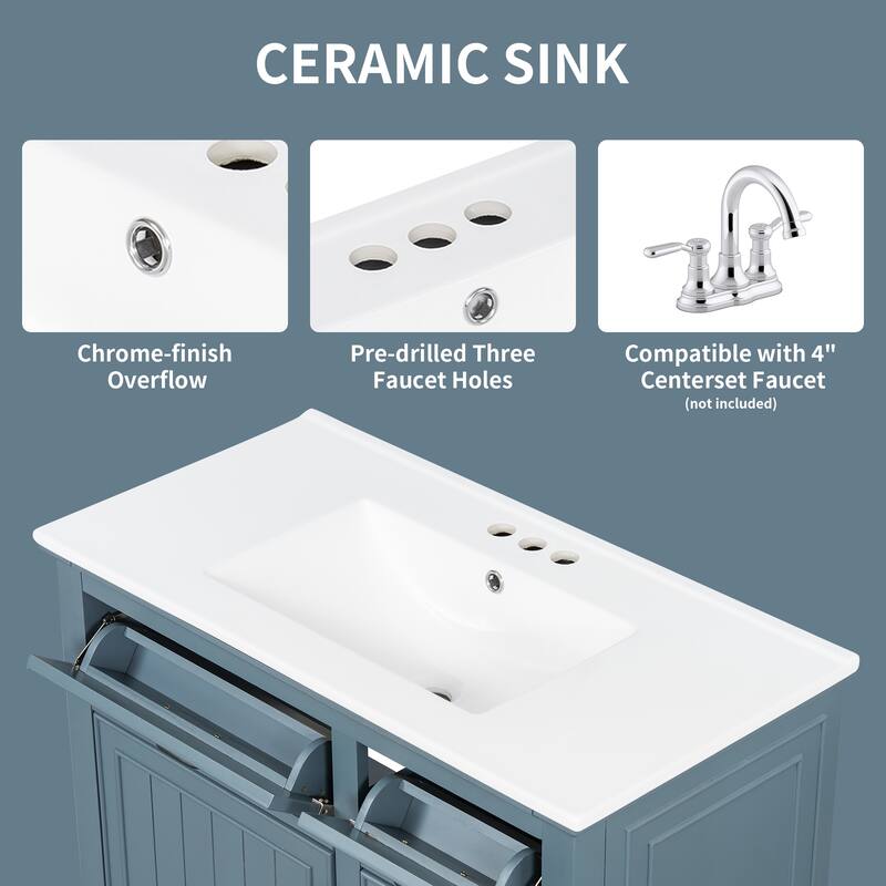 Roomfitters 36" Bathroom Vanity with Sink, Solid Wood Frame, 2 Flip Drawers & Soft-Close Cabinet with Door Rack