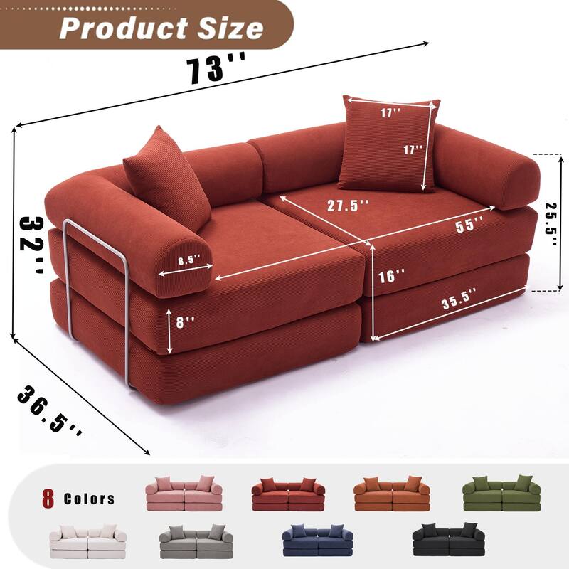 Modular Couch Sofa Bed, Convertible Design with Removable Armrests,Folding Mattress Couch for Small Spaces ,No Assembly