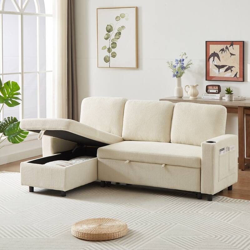 L-Shaped Comfortable Corduroy Combo Sofa with Pullout Bed and Storage