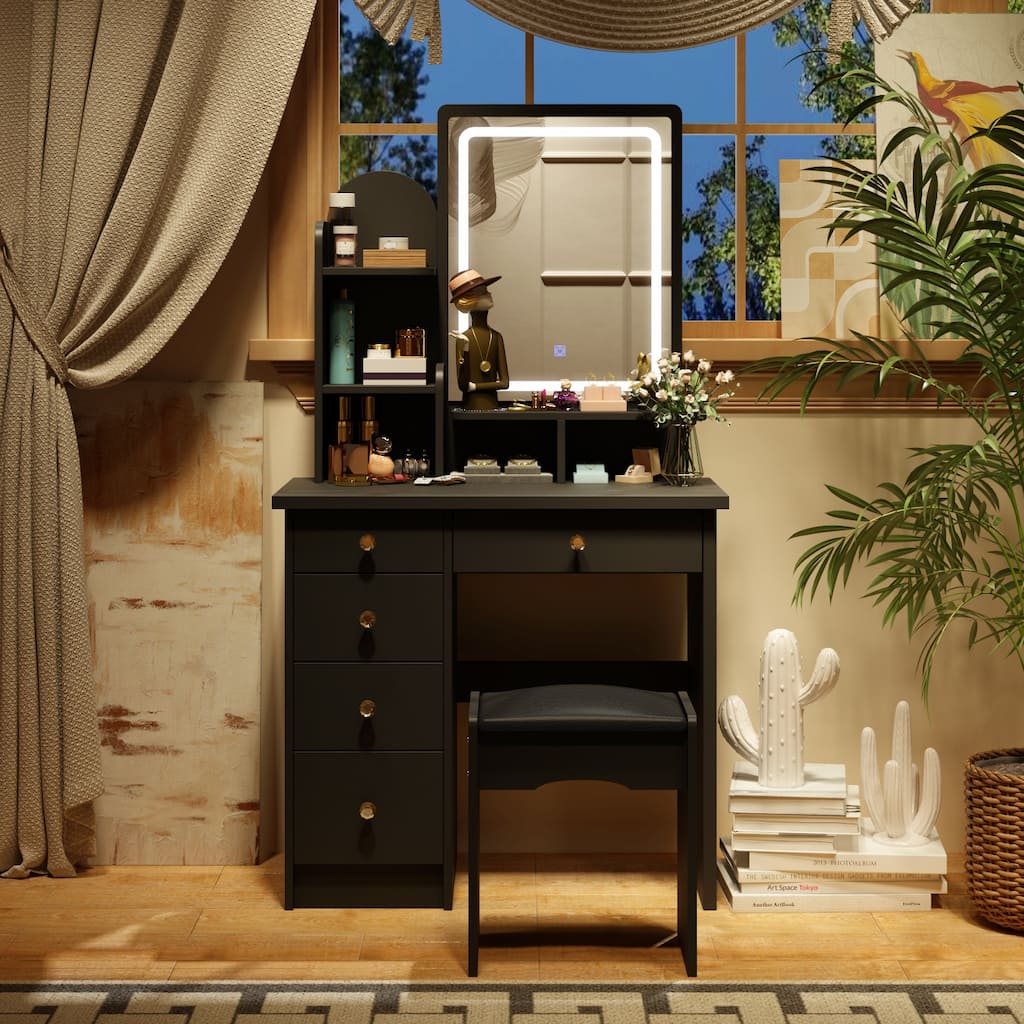 Vanity Desk with LED Lighted Mirror, Makeup Vanity Table with Drawers, Shelves and Stool