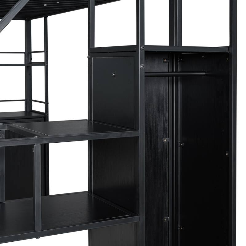Full Loft Bed with Built-in Wardrobe, Storage Staircase & Shelves, Metal Frame