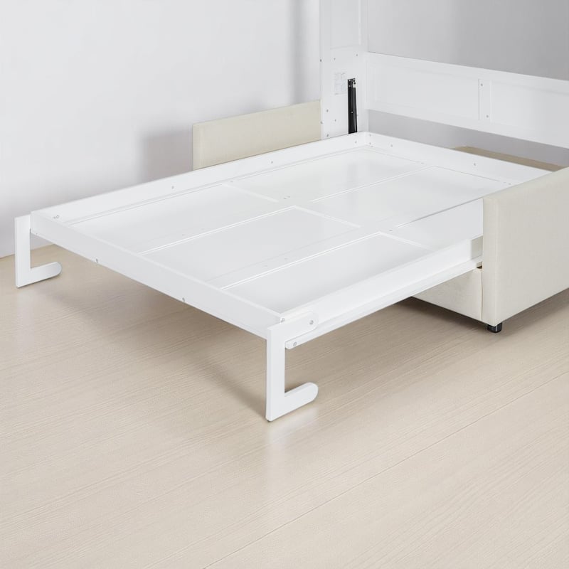 Full/Queen Size Murphy Bed Wall Bed with Sofa & Storage, Foldable Space-Saving Design with Cushion