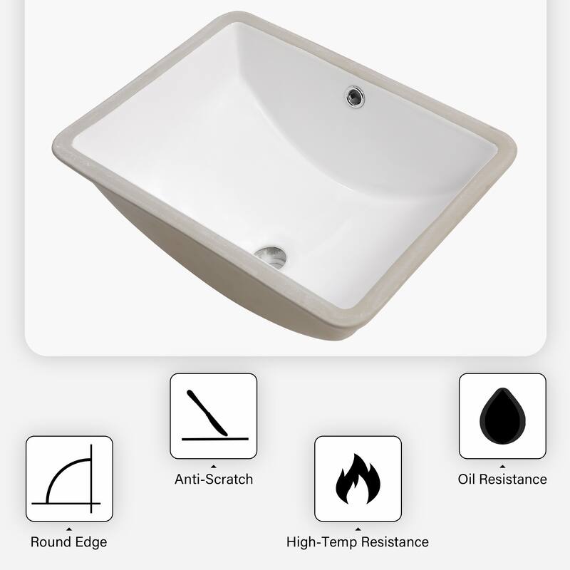 Modern White Undermount Bathroom Sink, Sleek Rectangular Ceramic Design, Stain-Resistant with Overflow - 21in L Ceramic
