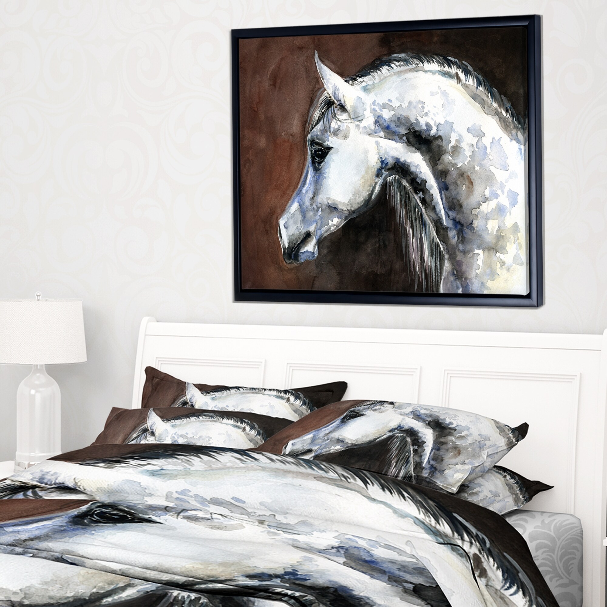 Shop Black Friday Deals On Designart Gray Arabian Horse Watercolor Abstract Framed Canvas Art Print Overstock 18945628