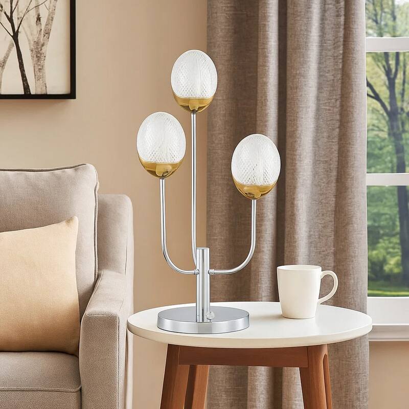 25 Inch Table Lamp, 3 Globe Crystal Shades, Modern Nickel Metal Base