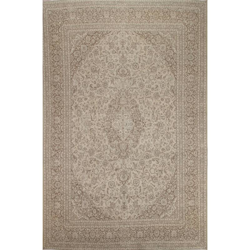 Hand Knotted Oriental 100% Wool Carpet Traditional Floral Beige & Ivories Mashad Area Rug - 12' 4'' X 9' 6''