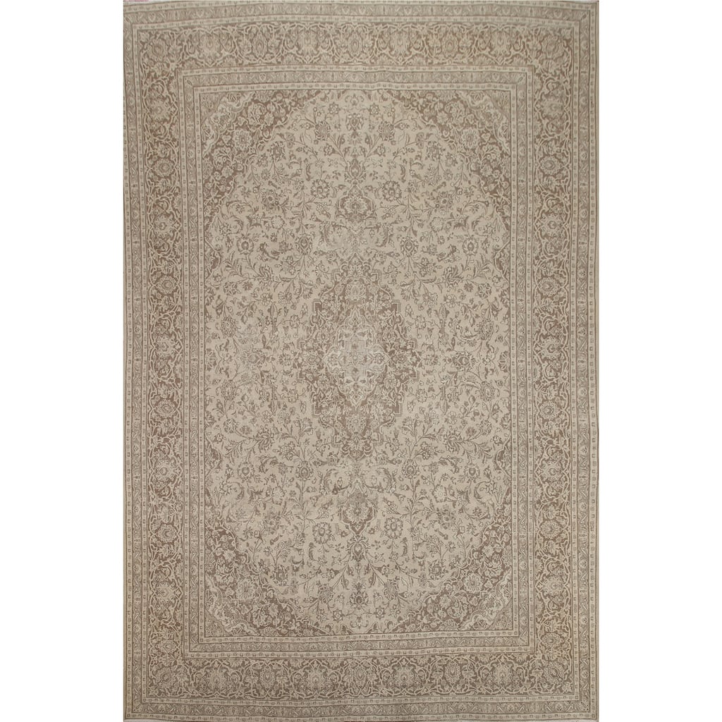 Hand Knotted Oriental 100% Wool Carpet Traditional Floral Beige & Ivories Mashad Area Rug - 12' 4'' X 9' 6''