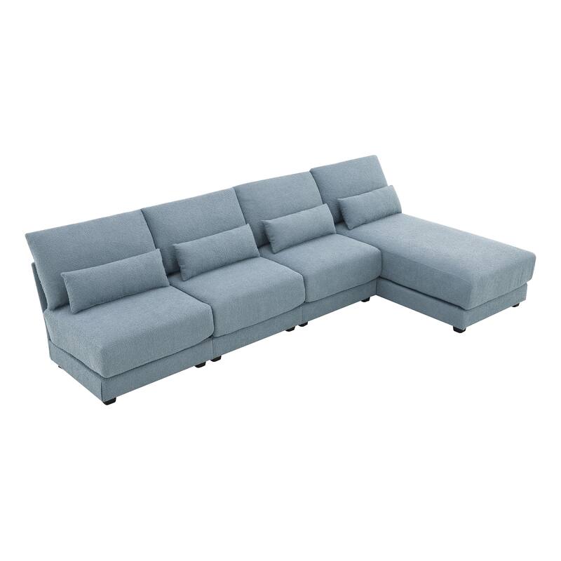 Blue 120" L-Shaped 4 Seater Sectional Sofa with Reversible Chaise and 4 Waist Pillow, Armless Design for Space-Saving Comfort