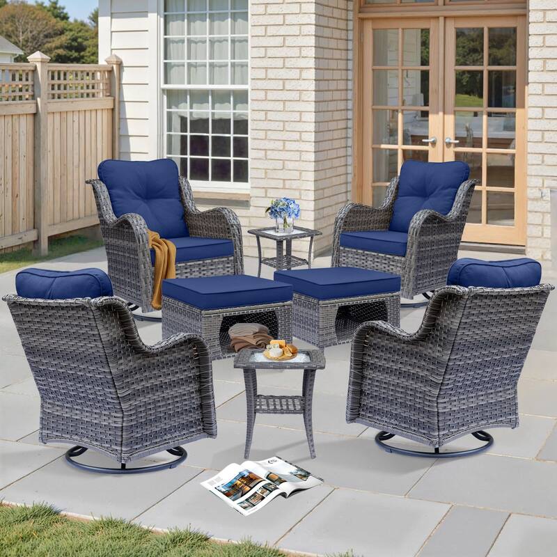 8 Piece Outdoor Patio Swivel Glider Chairs Ottoman Set with Side Table - Navy Blue-Gray Rattan