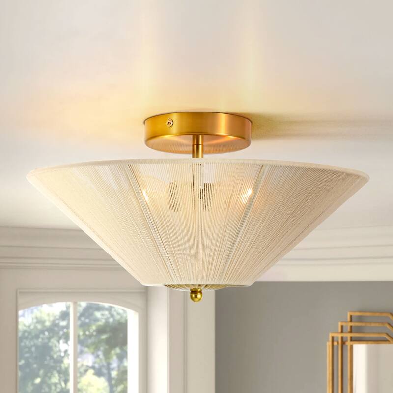 2-Light Modern Contempoary Beige Hand-Woven Shade Semi-Flush Mount Ceiling Light - 14.96 in. W x 7.87 in. H x 14.96 in. D