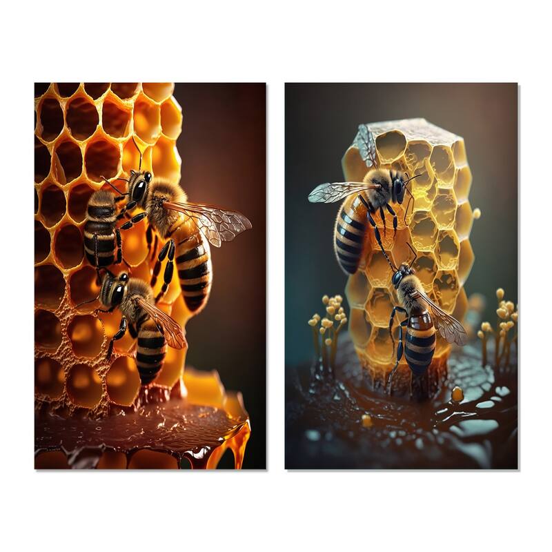 Designart "Honey Bees In Nest" Bee Wall Art Set Of 2 Yellow Modern Gallery Set For Office Decor