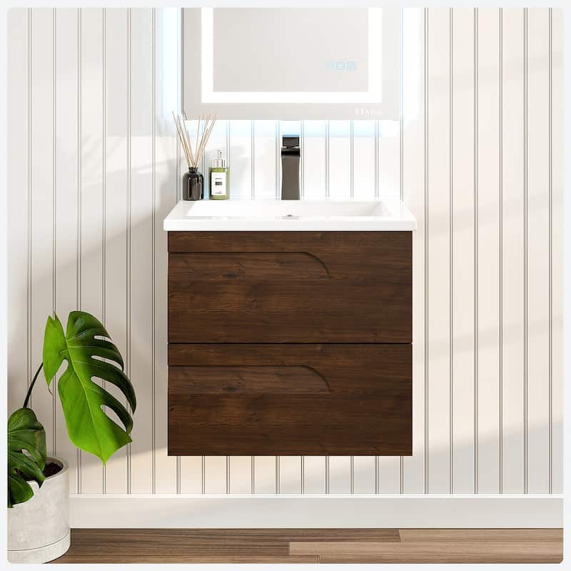 Joy 24"W Rosewood Wall Mount Bath Vanity with Porcelain Top