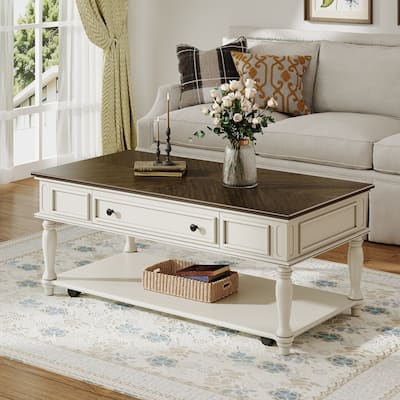 Farmhouse Coffee Table with Lockable Wheels & Drawer - Retro Movable Rectangular Cocktail Table with Solid Wood Legs