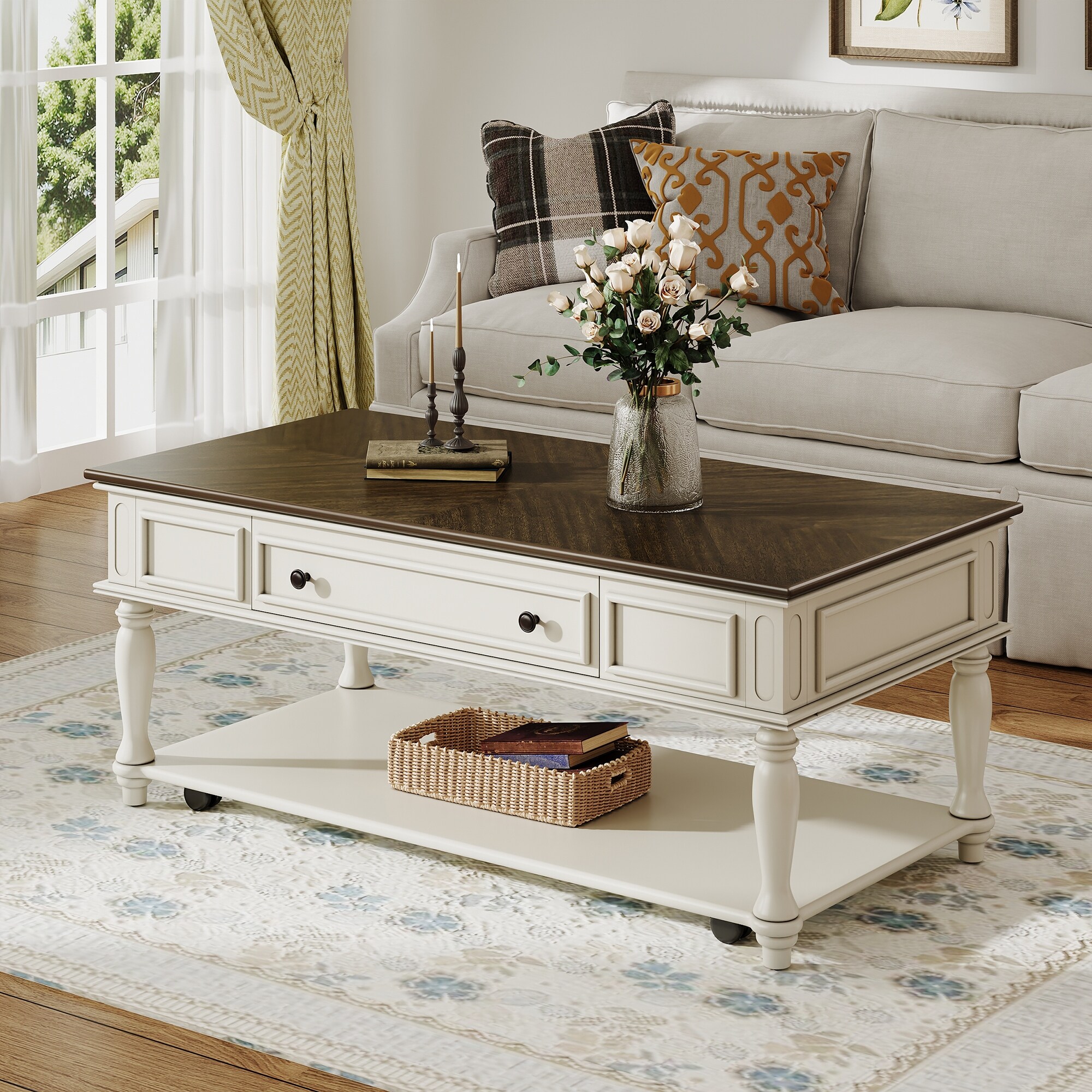 Farmhouse Coffee Table with Lockable Wheels & Drawer - Retro