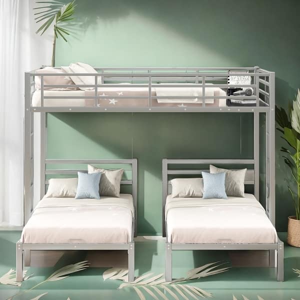 slide 2 of 15, Full over Twin&Twin Size Bunk Bed with Built-in Shelf and Full-length Guardrail, Space-efficient, Silver Silver