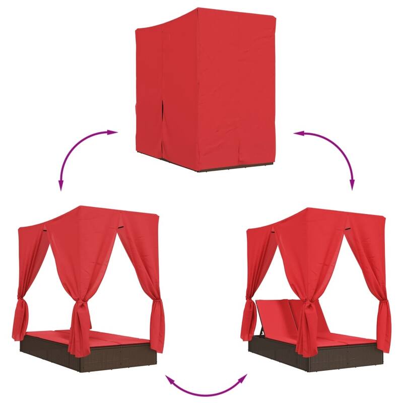 vidaXL Double Sun Lounger with Roof and Curtains Brown/Gray/Black Poly Rattan - 78.7" x 44.9" x 77.2"