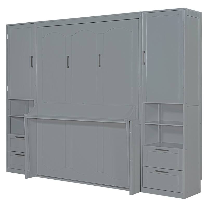 Queen Size Murphy Bed Hidden Wall Bed with Both Sides Closet Drawers and Storage Shelves, Space-Saving Versatile Murphy Bed