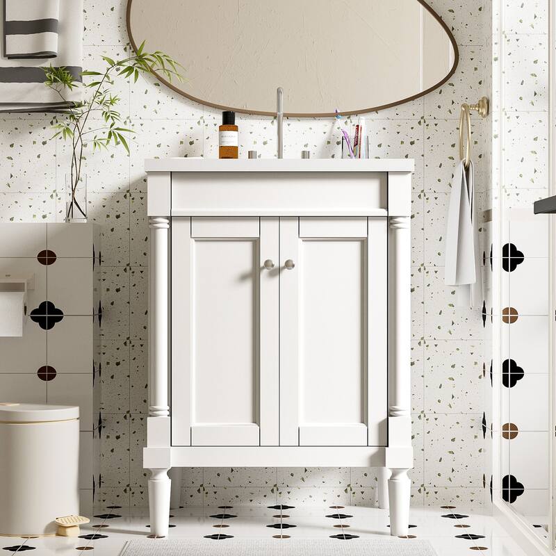 24 Inch Bathroom Vanity with Ceramic Top Sink, Freestanding Single Sink Vanity with Storage Shelves, Modern Style - White