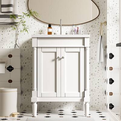 24 Inch Bathroom Vanity with Ceramic Top Sink, Freestanding Single Sink Vanity with Storage Shelves, Modern Style