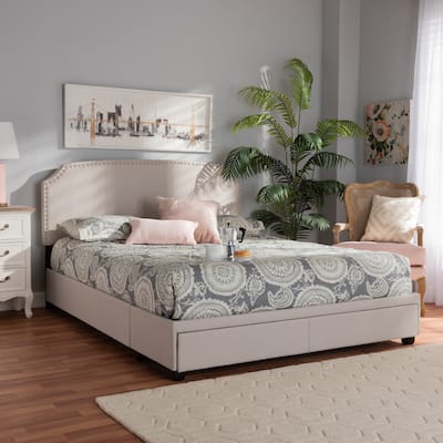 Queen Size Storage Bed with Drawers - Beige Upholstered Platform Bed Frame - 2 Drawer Design