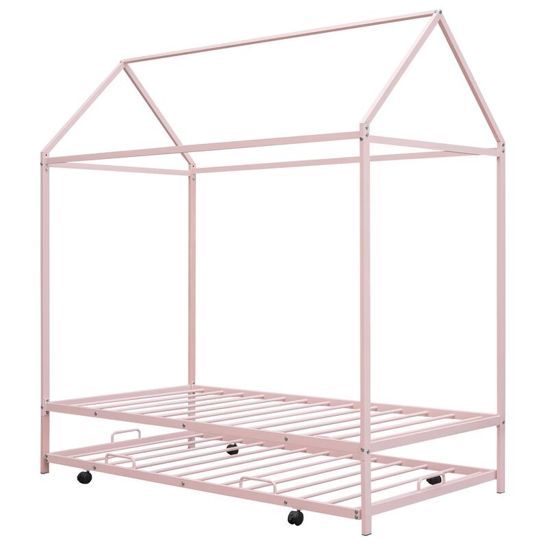 Metal Twin Size Kids House Bed With Trundle Solid & Sturdy, Space