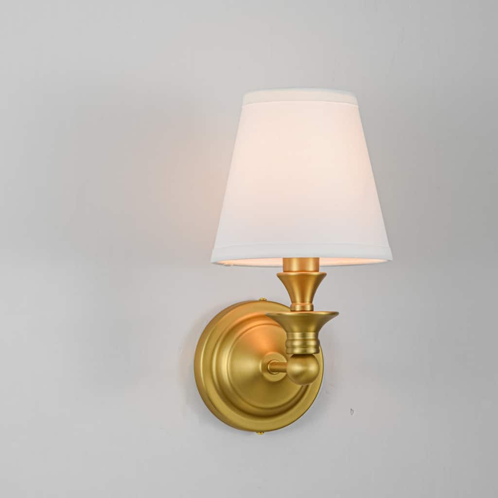 1-Light Farmhouse Black/Gold Iron Wall Sconce with White Fabric Shade