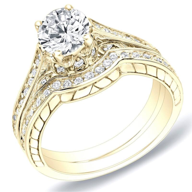 Auriya 14k Gold 1ctw Carved Diamond Engagement Ring Set - Yellow - 4