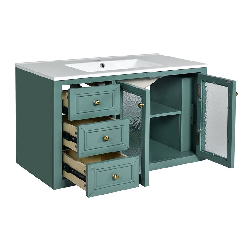 GDFStudio 36'' Wall Mounted Bathroom Vanity with Ceramic Sink, Floating Bathroom Storage Cabinet with 3 Drawers