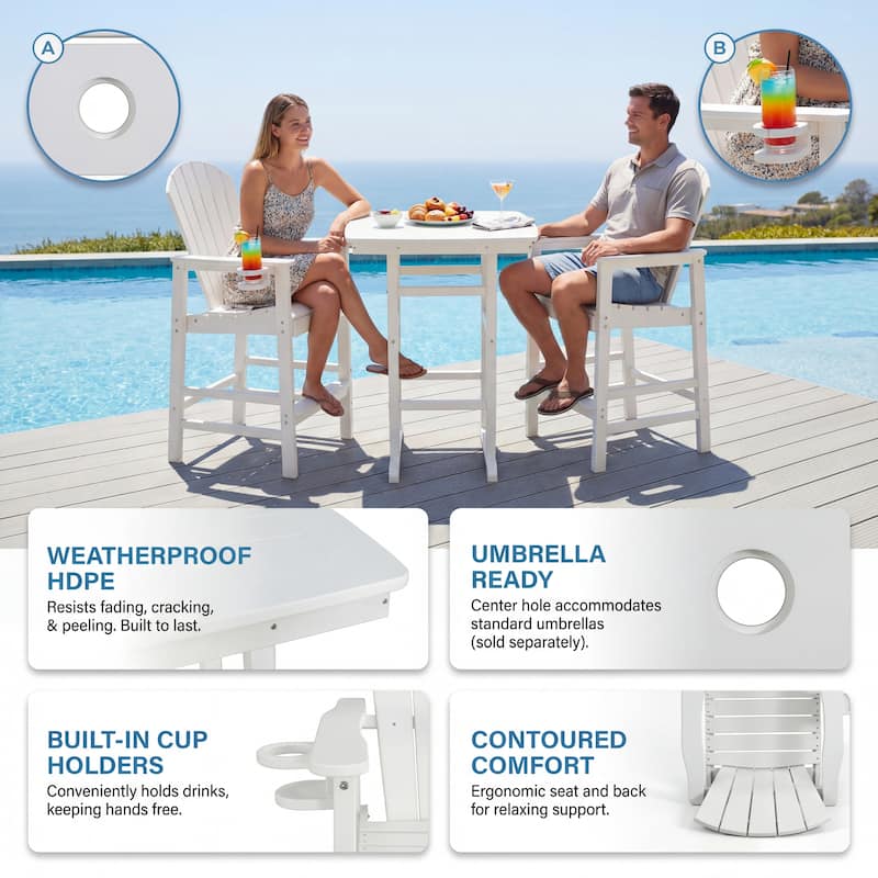 3-Piece HDPE Bar-Height Patio Set, 42.1" Square High Top Pub Table with Umbrella Hole + 2 Bar Stools with Cup Holders