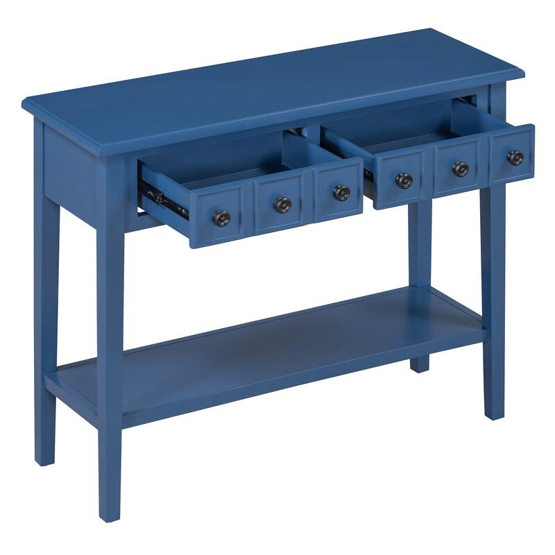 38.2" Rustic Console Table with Open Shelf and Three Drawers, Rubber Wood Legs