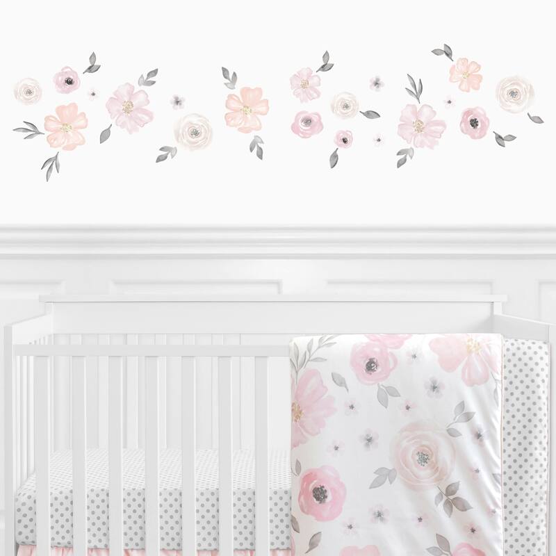 Sweet Jojo Designs Pink and Grey Watercolor Floral Collection Peel and Stick Wall Decal Stickers Art Nursery Decor (Set of 4)