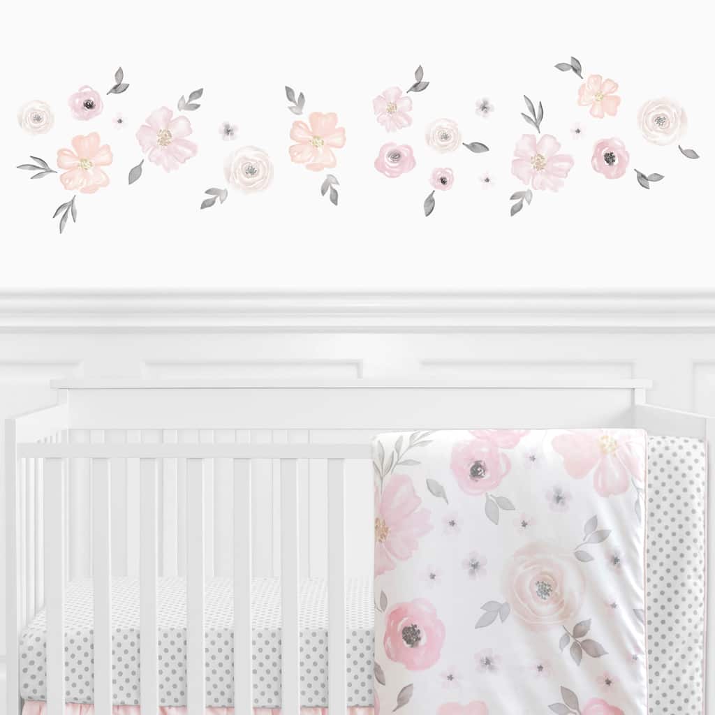Sweet Jojo Designs Pink and Grey Watercolor Floral Collection Peel and Stick Wall Decal Stickers Art Nursery Decor (Set of 4)