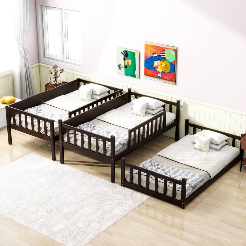 Twin Size Triple Rubber Wood Bunk Bed, with Ladders, Guardrails Detachable Bunk Bed, Twin over Twin over Twin,Espresso