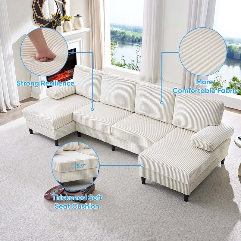 Mixoy W110"U-Shaped Sectional Sofa Couches with Double Chaises and Sleepable Armrests,Corduroy Upholstered 4-Seater Sofa