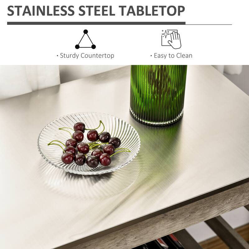 Stainless Steel Countertop Kitchen Cart, Rolling Kitchen Island on Wheels with 2 Open Shelves and 2 Towel Racks - Grey